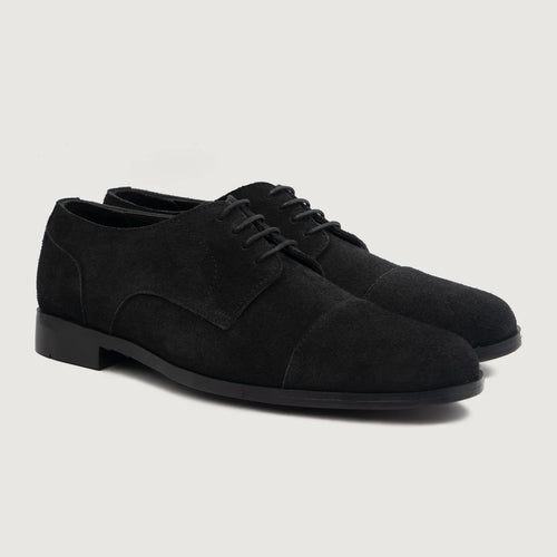Attorney Derby Black Suede Leather Shoes For Men in Black Goatskin Suede - Lateral Side Profile View | Buy Online