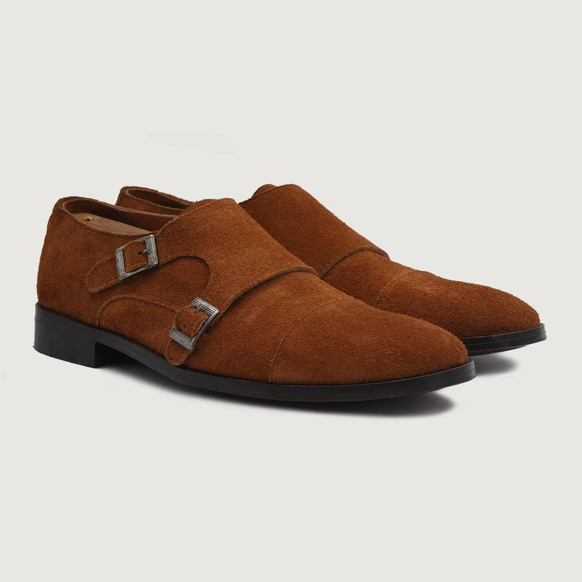 Boston Double Monk Strap بني Suede Leather Shoes رجالي