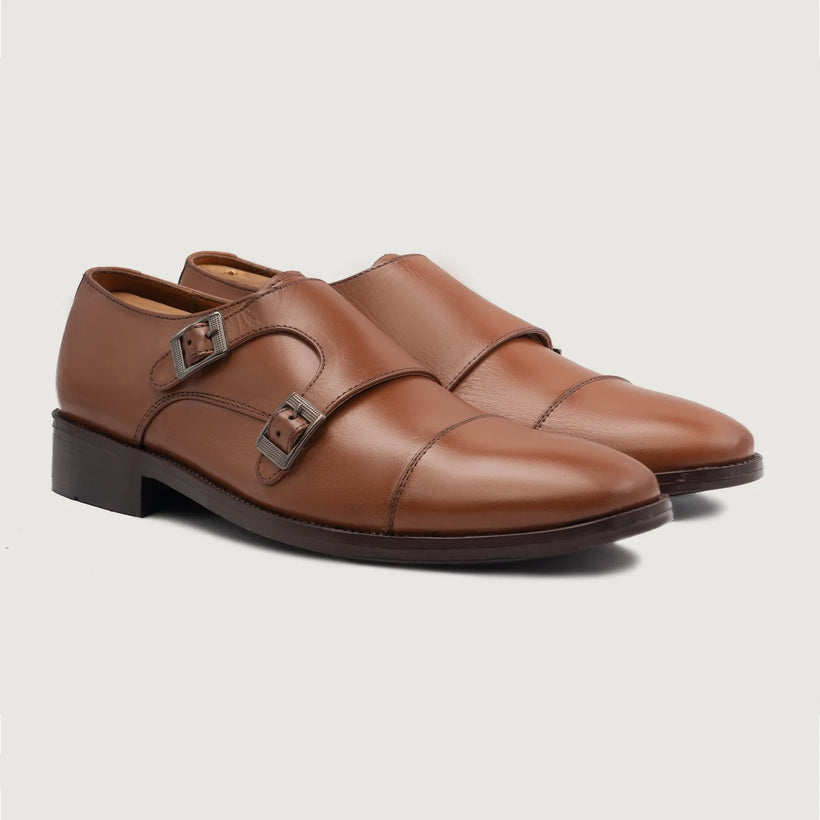 Boston Double Monk Strap بيج Leather Shoes رجالي