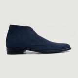 Midnight Blue Goatskin Suede Leather Boots - Goodyear Welt Construction & Front Toe Box Detail
