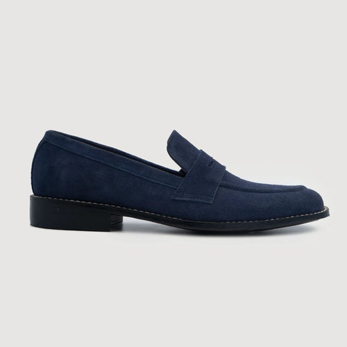 Midnight Blue Goatskin Suede Leather Loafers - Goodyear Welt Construction & Front Toe Box Detail
