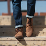 Tailored Rib Cuffs & Hem Craftsmanship Construction Detail on Duster Brogues Derby Brown Nubuck Leather Boots For Men