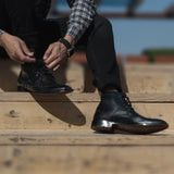 Styled Fit Perspective of Duster Brogues Derby Black Leather Boots For Men on Model - Natural Daylight Drape