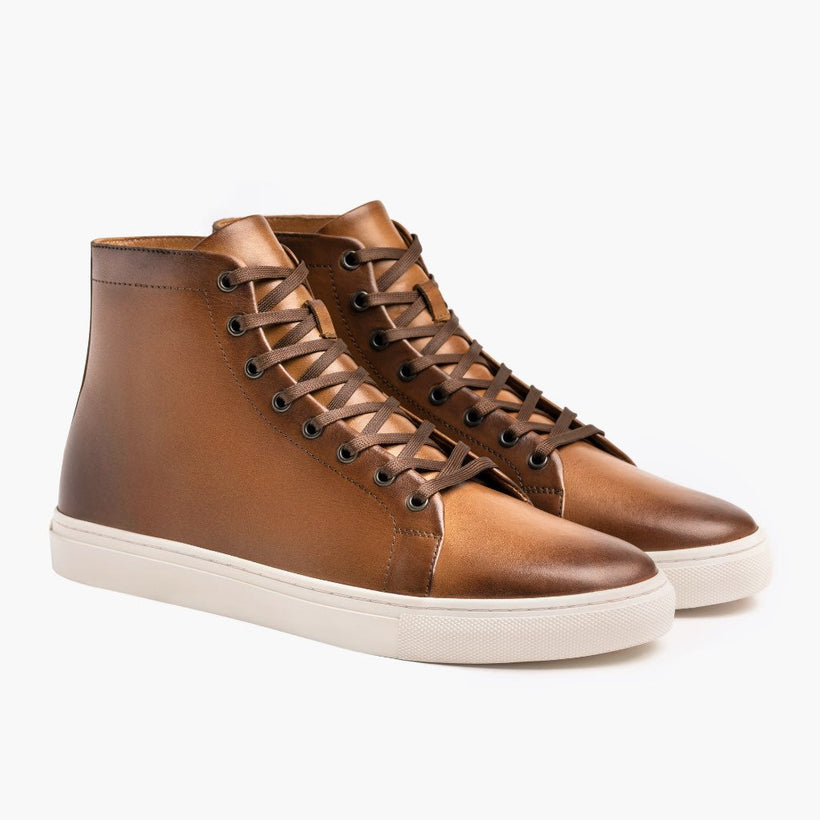 Premier High Top Toffee Leather Sneakers For Men in Classic Full-Grain Leather - Lateral Side Profile View | Buy Online