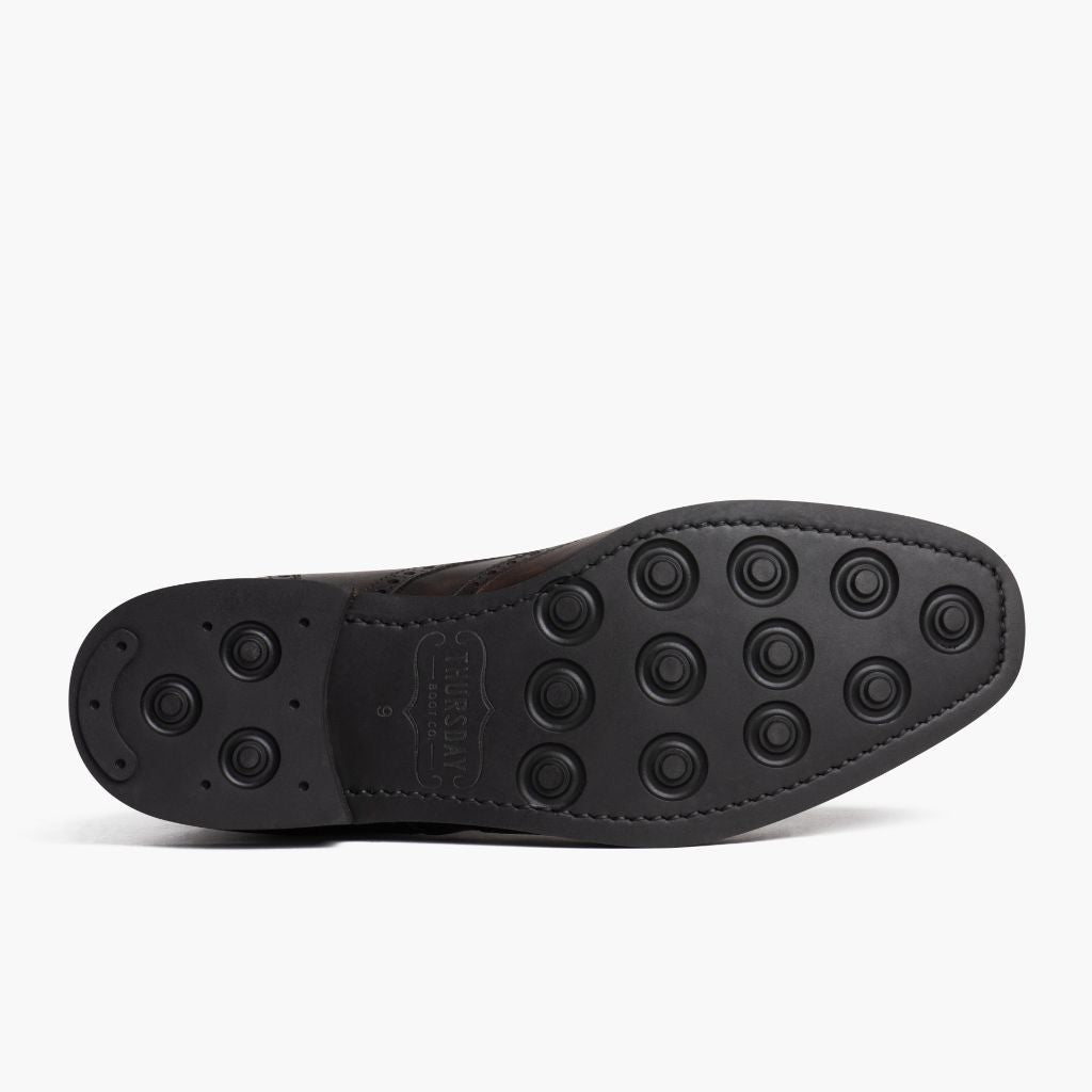 High-Traction Rubber Outsole & Lug Tread Pattern on Wingtip Dark Oak Leather Boots For Men