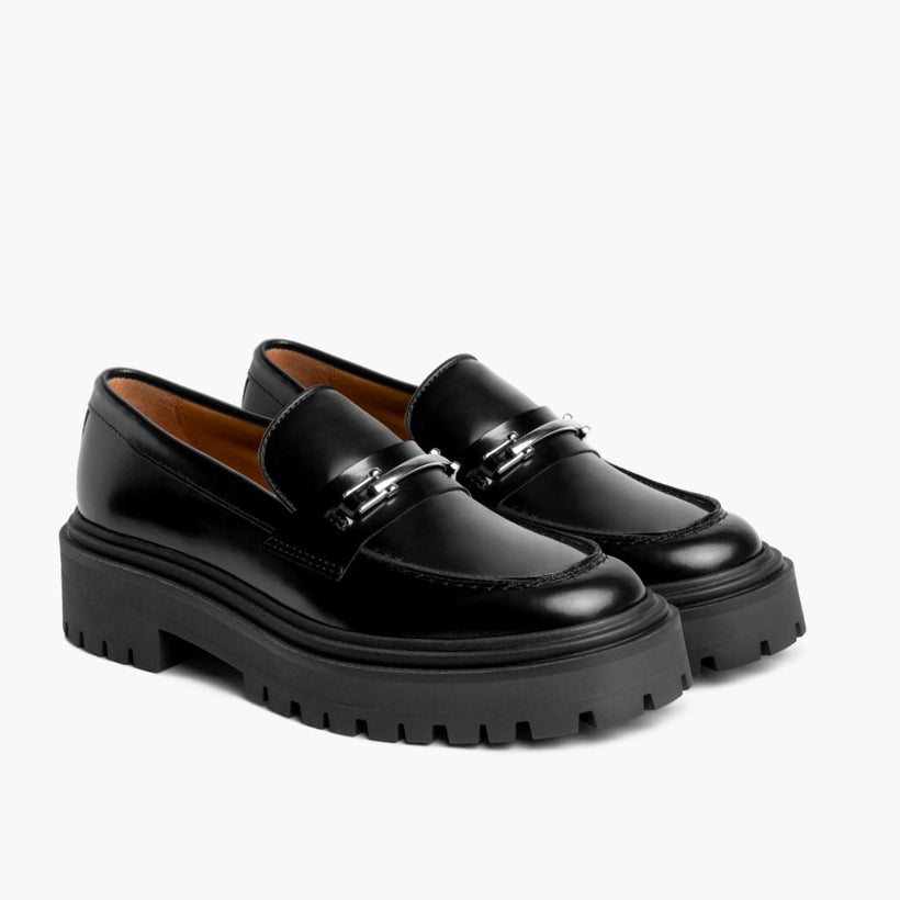 Penny Platform أسود & Silver Leather Loafers نسائي