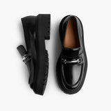 Women's Penny Platform Black & Silver Leather Loafers - Reinforced Heel Counter & Precision Double-Row Stitching Detail
