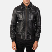 Close-Up Detail of High Neck & Zipper Hardware on Men's Aaron Distressed Black Leather Bomber Jacket
