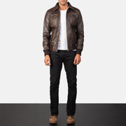 Close-Up Detail of High Neck &amp; Zipper Hardware on Men's Aaron Distressed Brown Leather Bomber Jacket