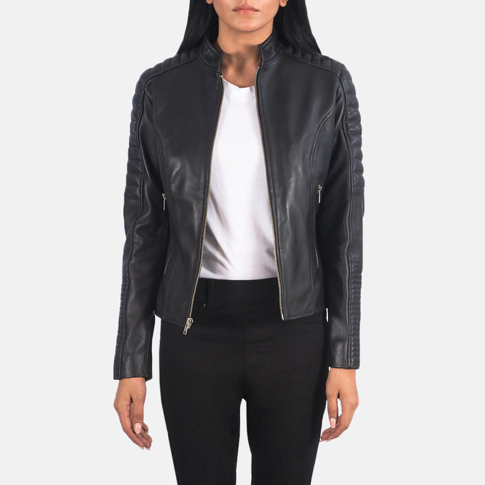 Women's Adalyn مبطن أسود جاكيت بايكر جلد نسائي in Black Sheepskin Leather - Front Profile View &amp; Tailored Silhouette | Buy Online