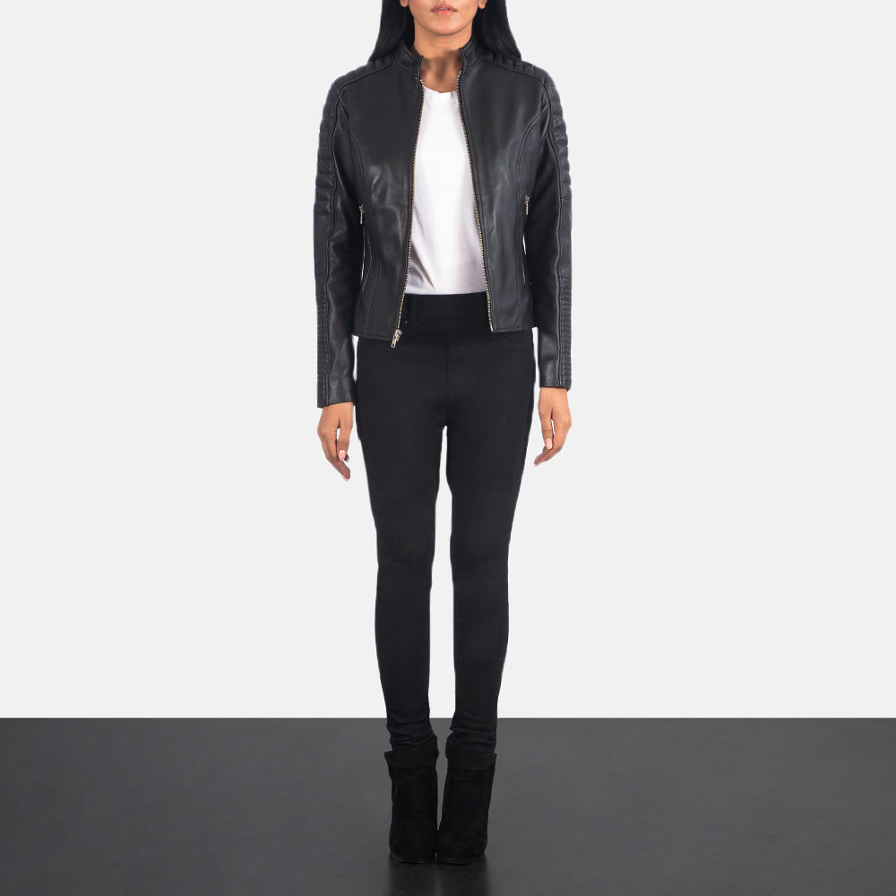 Women's Adalyn مبطن أسود جاكيت بايكر جلد نسائي - Lateral Side Profile View Showing Sleeve Cut &amp; Athletic Taper Fit