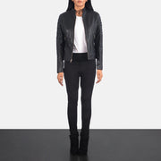 Women's Adalyn مبطن أسود جاكيت بايكر جلد نسائي - Lateral Side Profile View Showing Sleeve Cut &amp; Athletic Taper Fit