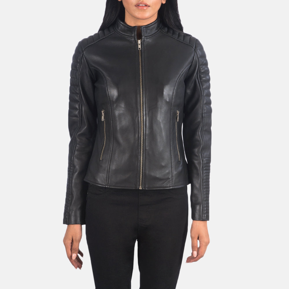 Close-Up Detail of Band &amp; Zipper Hardware on Women's Adalyn مبطن أسود جاكيت بايكر جلد نسائي