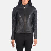 Close-Up Detail of Band &amp; Zipper Hardware on Women's Adalyn مبطن أسود جاكيت بايكر جلد نسائي