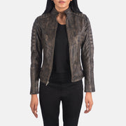 Women's Adalyn مبطن Distressed بني جاكيت بايكر جلد نسائي in Distressed Brown Goatskin Leather - Front Profile View &amp; Tailored Silhouette | Buy Online