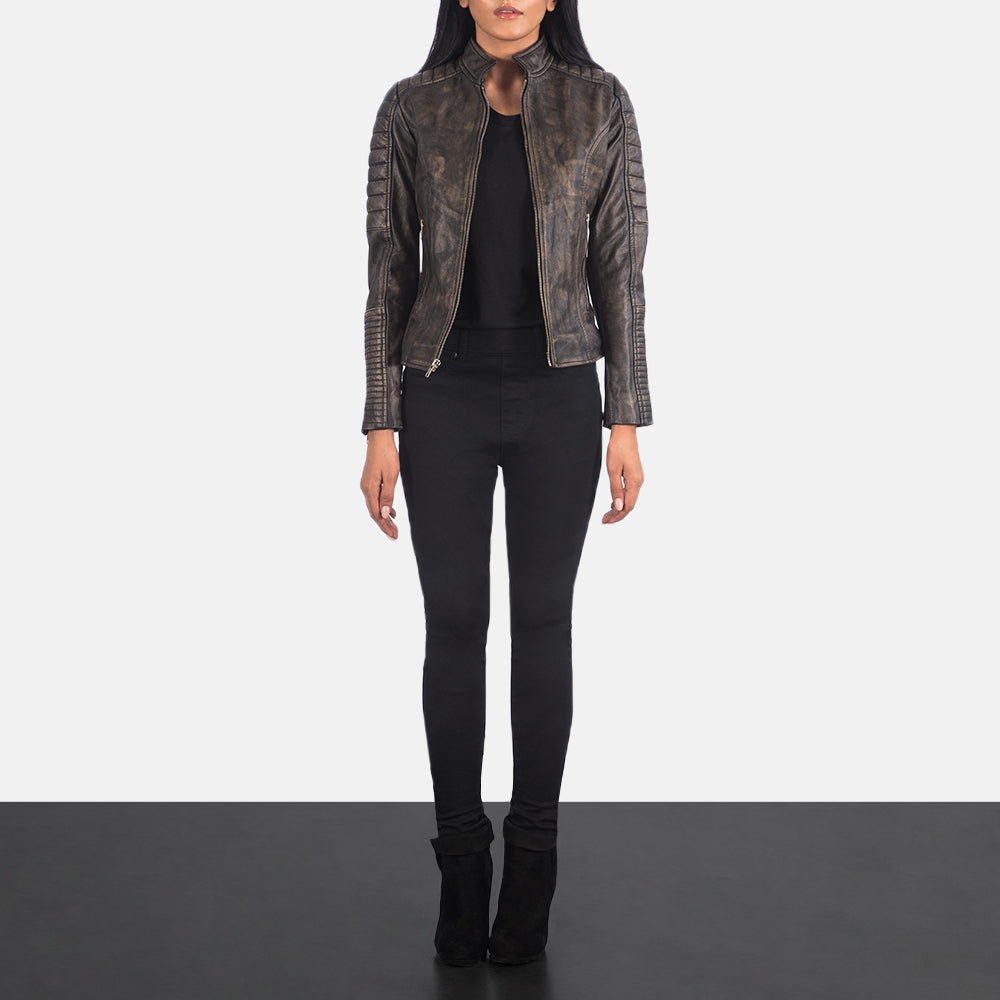 Women's Adalyn مبطن Distressed بني جاكيت بايكر جلد نسائي - Lateral Side Profile View Showing Sleeve Cut &amp; Athletic Taper Fit