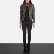 Women's Adalyn مبطن Distressed بني جاكيت بايكر جلد نسائي - Lateral Side Profile View Showing Sleeve Cut &amp; Athletic Taper Fit
