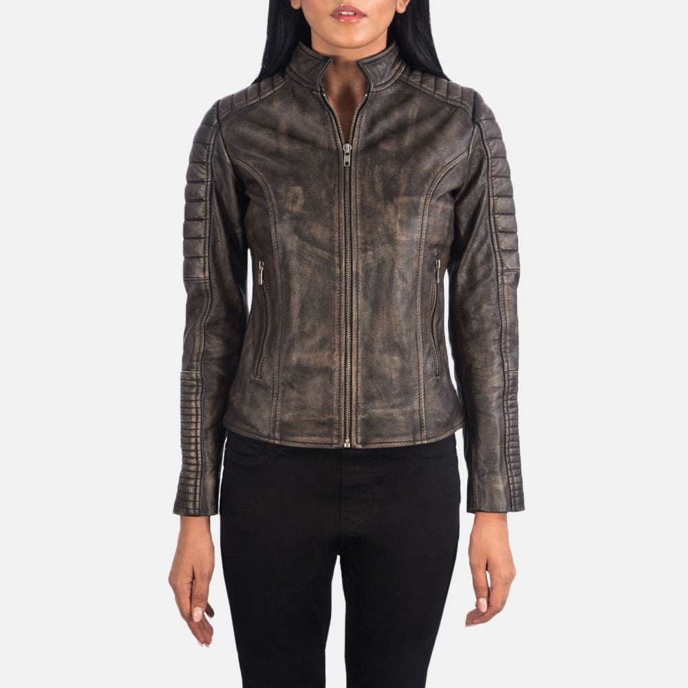Close-Up Detail of Band &amp; Zipper Hardware on Women's Adalyn مبطن Distressed بني جاكيت بايكر جلد نسائي