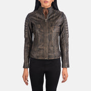 Close-Up Detail of Band &amp; Zipper Hardware on Women's Adalyn مبطن Distressed بني جاكيت بايكر جلد نسائي