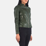 Green Sheepskin Leather Biker Jacket - Back View Showing Tailored Shoulder Fit &amp; Clean Hemline