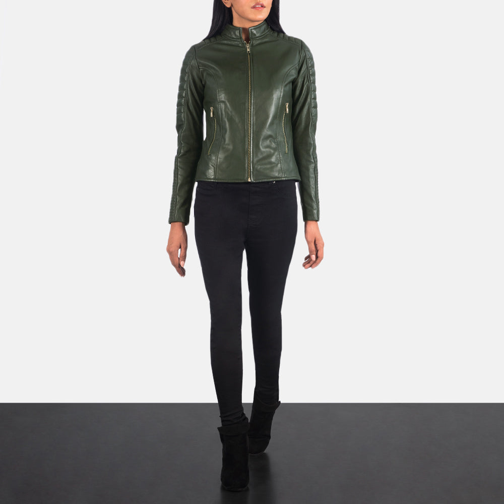 Women's Adalyn مبطن أخضر جاكيت بايكر جلد نسائي - Lateral Side Profile View Showing Sleeve Cut &amp; Athletic Taper Fit