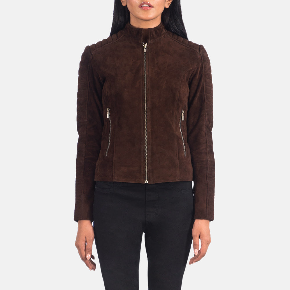 Women's Adalyn مبطن Mocha Suede جاكيت بايكر جلد نسائي in Mocha Brown Goatskin Suede - Front Profile View &amp; Tailored Silhouette | Buy Online