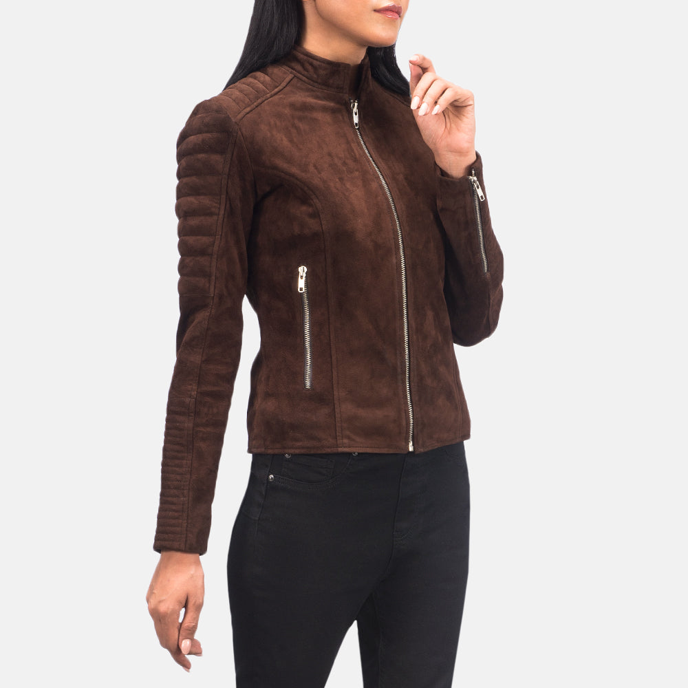 Women's Adalyn مبطن Mocha Suede جاكيت بايكر جلد نسائي - Lateral Side Profile View Showing Sleeve Cut &amp; Athletic Taper Fit