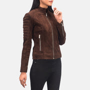 Women's Adalyn مبطن Mocha Suede جاكيت بايكر جلد نسائي - Lateral Side Profile View Showing Sleeve Cut &amp; Athletic Taper Fit