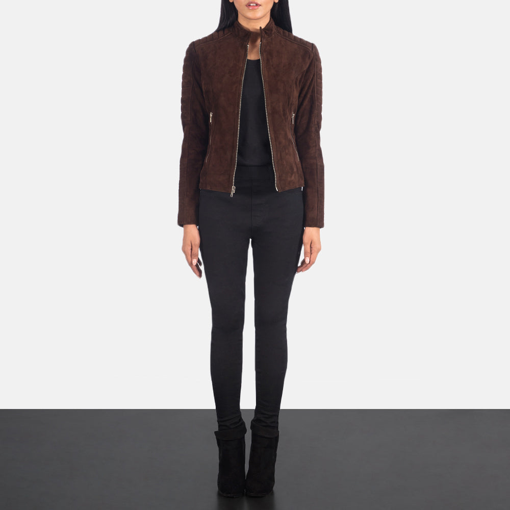Close-Up Detail of Band &amp; Zipper Hardware on Women's Adalyn مبطن Mocha Suede جاكيت بايكر جلد نسائي