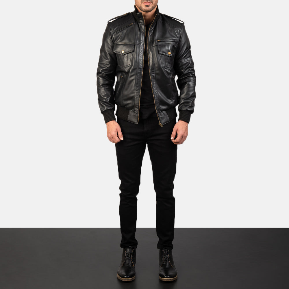 Men's Agent Shadow أسود جاكيت بومبر جلد رجالي - Lateral Side Profile View Showing Sleeve Cut &amp; Athletic Taper Fit