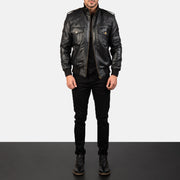 Men's Agent Shadow أسود جاكيت بومبر جلد رجالي - Lateral Side Profile View Showing Sleeve Cut &amp; Athletic Taper Fit