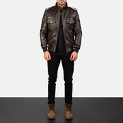 Men's Agent Shadow بني جاكيت بومبر جلد رجالي - Lateral Side Profile View Showing Sleeve Cut &amp; Athletic Taper Fit