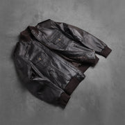 Rib knit &amp; Hem Craftsmanship Construction Detail on Men's Agent Shadow بني جاكيت بومبر جلد رجالي