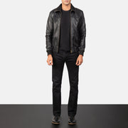Men's Air Rolf أسود جاكيت بومبر جلد رجالي - Lateral Side Profile View Showing Sleeve Cut &amp; Athletic Taper Fit