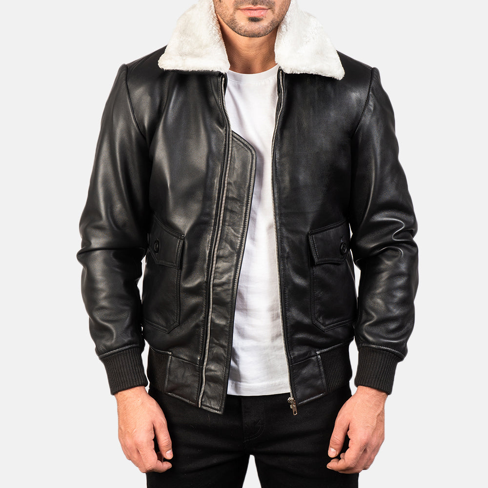 
Airin G-1 Black & White Leather Bomber Jacket in Black Sheepskin Leather - عرض أمامي وقَصّة مفصلة أنيقة | شراء أونلاين عبر المتجر الرسمي