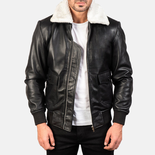 Men's Airin G-1 Black & White Leather Bomber Jacket in Black Sheepskin Leather - Front Profile View & Tailored Silhouette | Buy Online