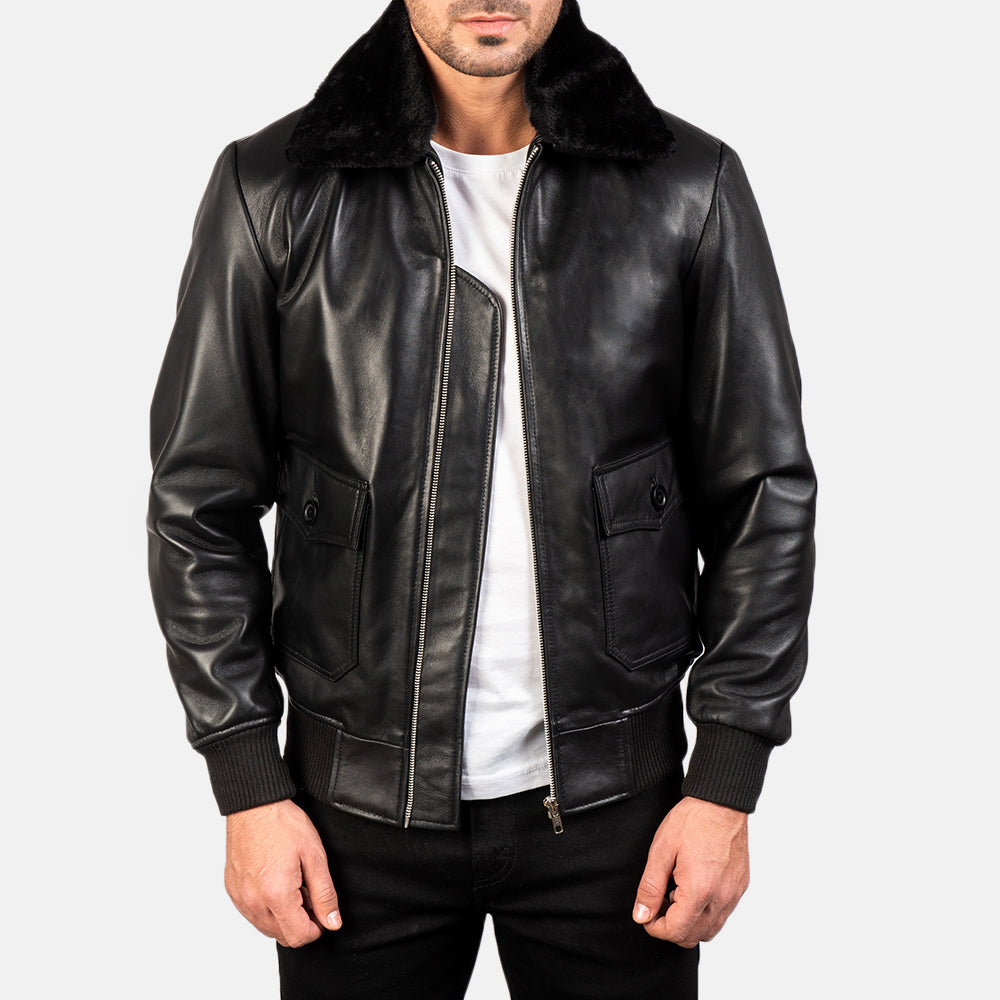 Men's Airin G-1 أسود جاكيت بومبر جلد رجالي in Black Sheepskin Leather - Front Profile View &amp; Tailored Silhouette | Buy Online