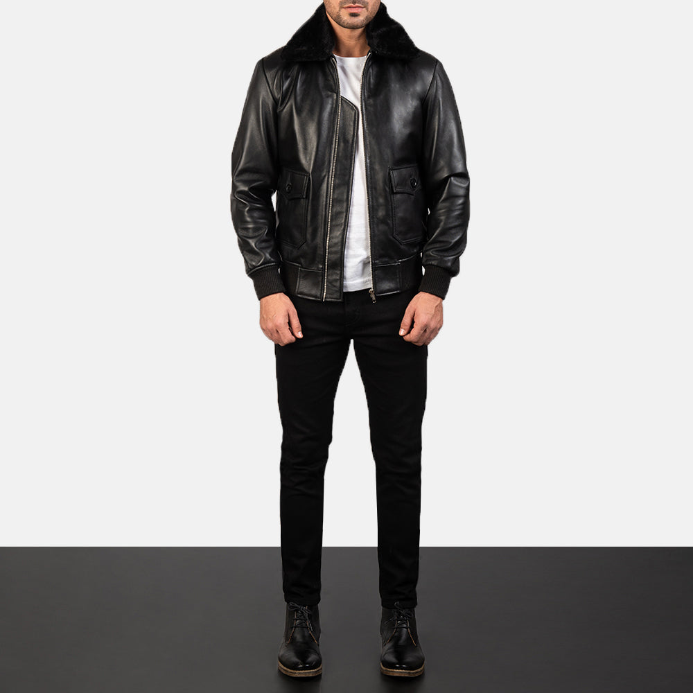 Men's Airin G-1 أسود جاكيت بومبر جلد رجالي - Lateral Side Profile View Showing Sleeve Cut &amp; Athletic Taper Fit
