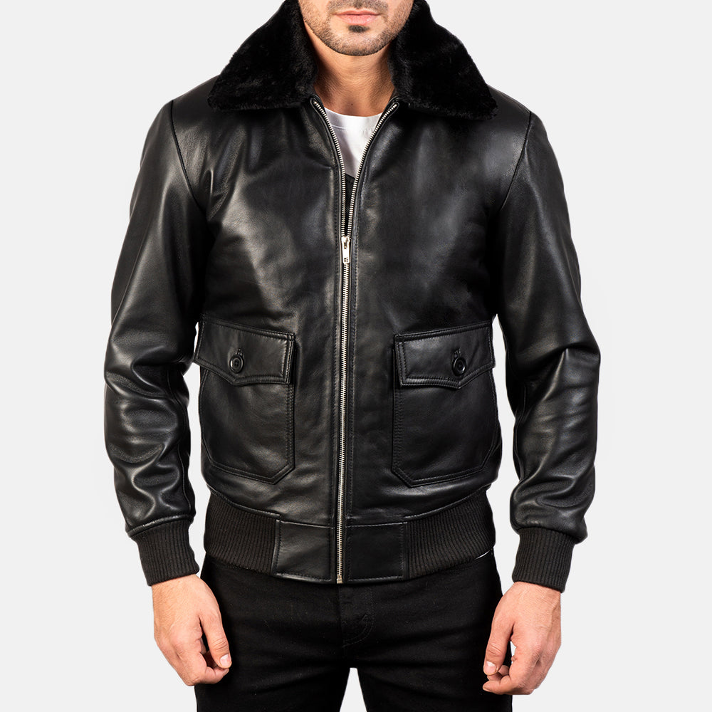 Close-Up Detail of Shirt with Removable Fur &amp; Zipper Hardware on Men's Airin G-1 أسود جاكيت بومبر جلد رجالي
