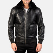 Close-Up Detail of Shirt with Removable Fur &amp; Zipper Hardware on Men's Airin G-1 أسود جاكيت بومبر جلد رجالي