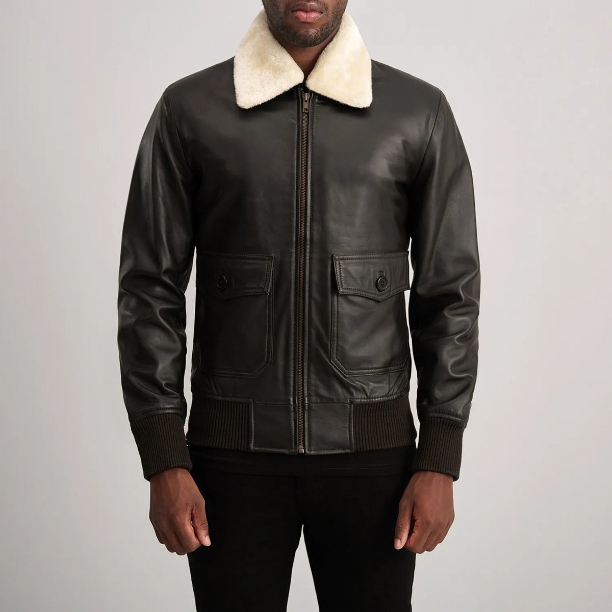 Close-Up Detail of Shirt with Removable Fur & Zipper Hardware on Airin G-1 Brown & Cream Leather Bomber Jacket