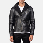 Men's Alberto Shearling أسود جاكيت جلد رجالي - Lateral Side Profile View Showing Sleeve Cut &amp; Athletic Taper Fit