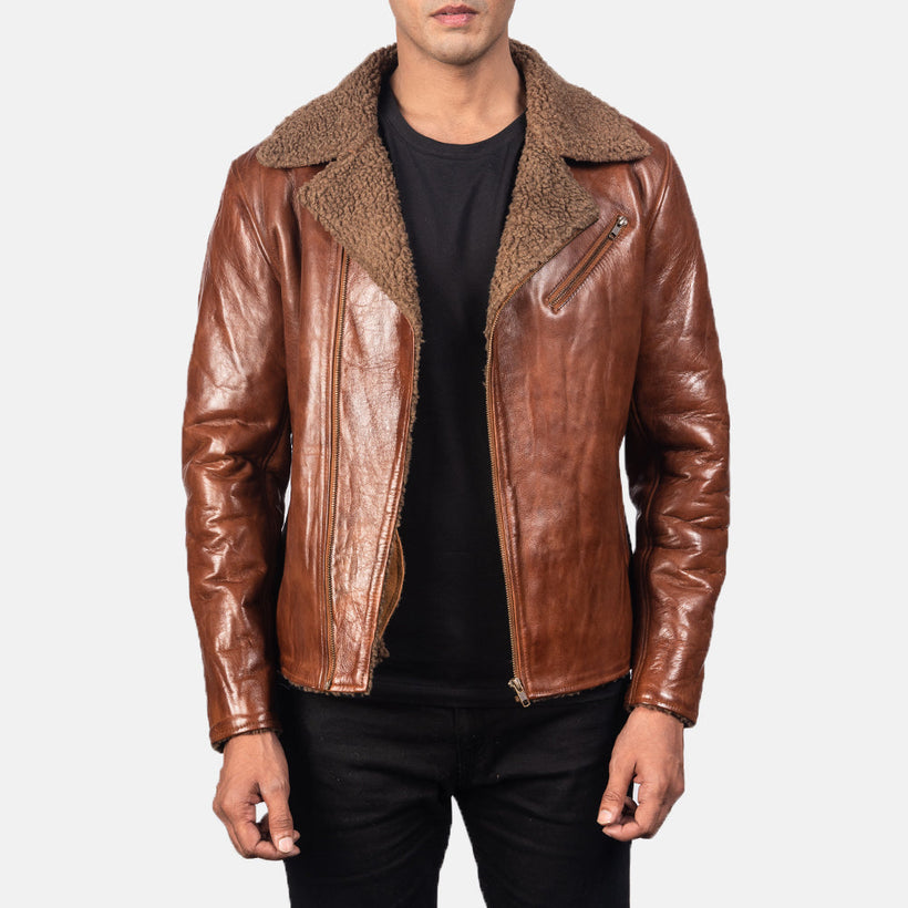 Men's Alberto Shearling Brown Leather Jacket in Brown Sheepskin Leather - Front Profile View & Tailored Silhouette | Buy Online