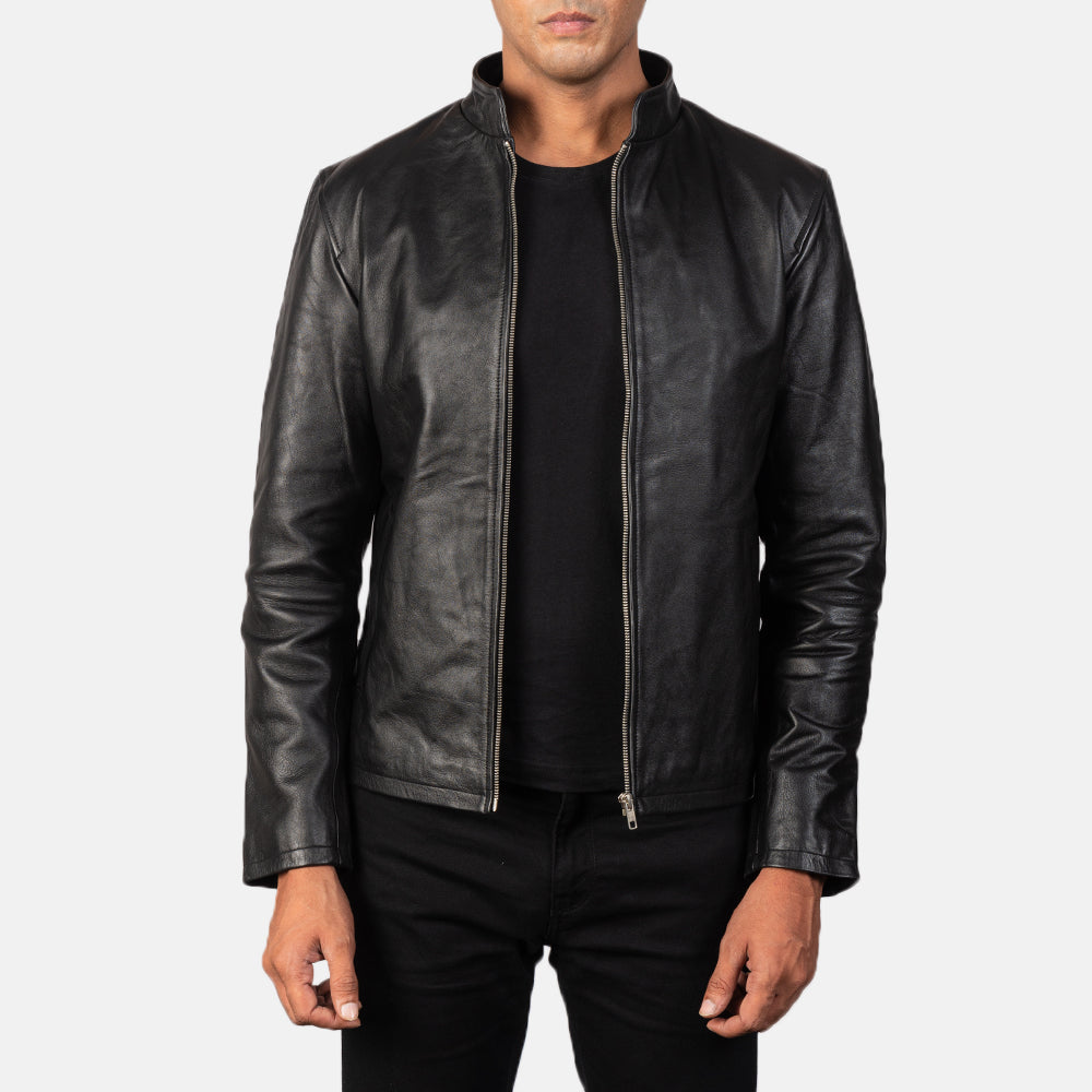 
Alex Black Leather Biker Jacket in Black Cowhide Leather - عرض أمامي وقَصّة مفصلة أنيقة | شراء أونلاين عبر المتجر الرسمي