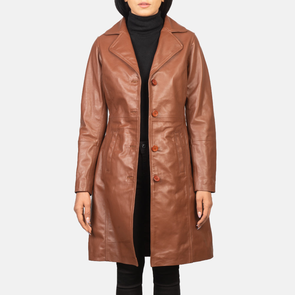 Women's Alexis بني Single Breasted معطف جلد نسائي in Brown Cowhide Leather - Front Profile View &amp; Tailored Silhouette | Buy Online