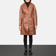 Women's Alexis بني Single Breasted معطف جلد نسائي - Lateral Side Profile View Showing Sleeve Cut &amp; Athletic Taper Fit