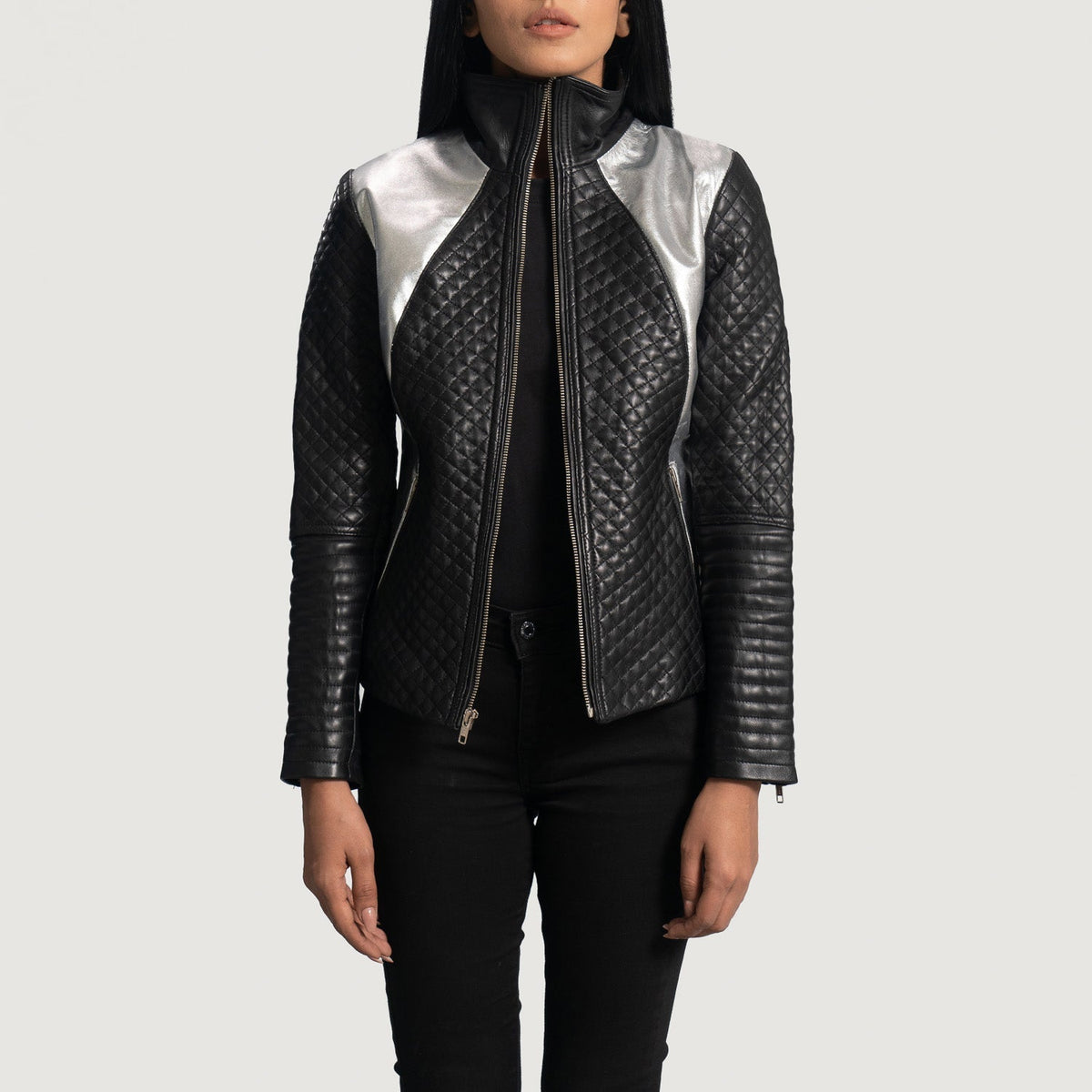 
Alia Metallic أسود جاكيت بايكر جلد طبيعي نسائي in Black Sheepskin Leather - عرض أمامي وقَصّة مفصلة أنيقة | شراء أونلاين عبر المتجر الرسمي