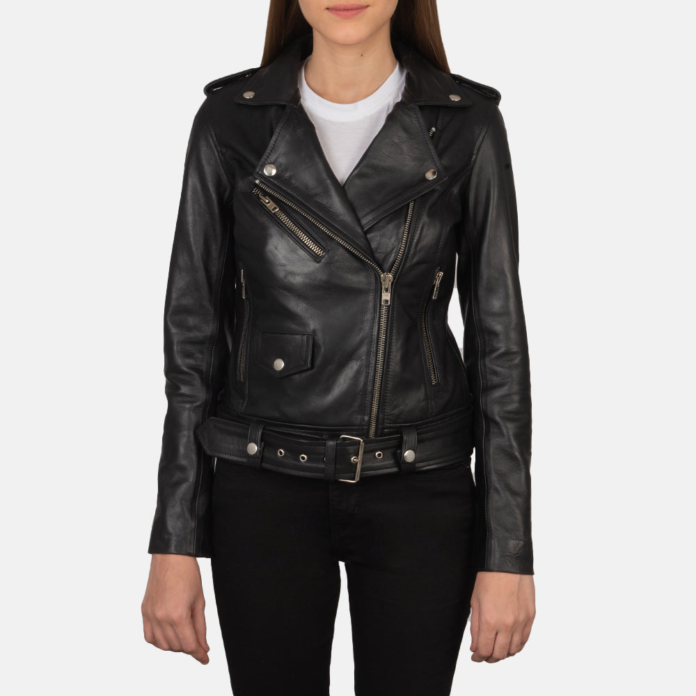 Women's Alison أسود جاكيت بايكر جلد نسائي in Black Cowhide Leather - Front Profile View &amp; Tailored Silhouette | Buy Online