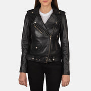 Women's Alison أسود جاكيت بايكر جلد نسائي in Black Cowhide Leather - Front Profile View &amp; Tailored Silhouette | Buy Online