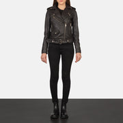 Women's Alison بني جاكيت بايكر جلد نسائي - Lateral Side Profile View Showing Sleeve Cut &amp; Athletic Taper Fit